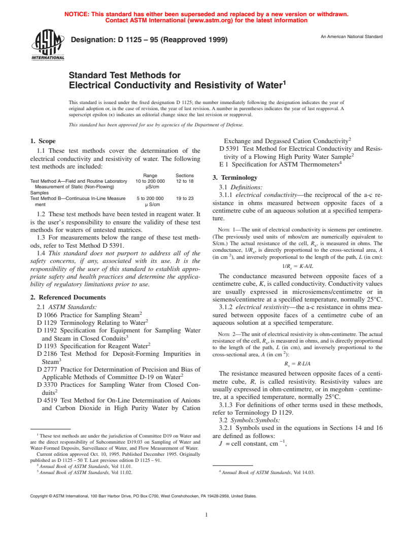 ASTM D1125-95(1999) - Standard Test Methods for Electrical Conductivity and Resistivity of Water