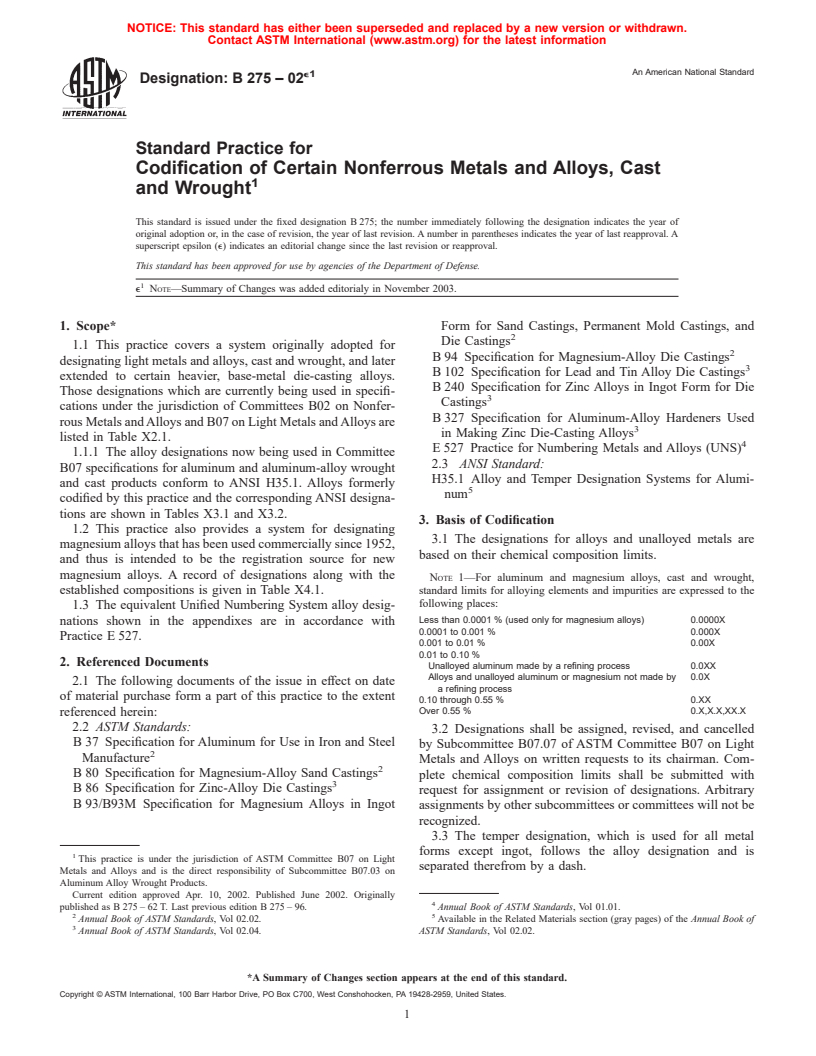 ASTM B275-02e1 - Standard Practice for Codification of Certain Nonferrous Metals and Alloys, Cast and Wrought