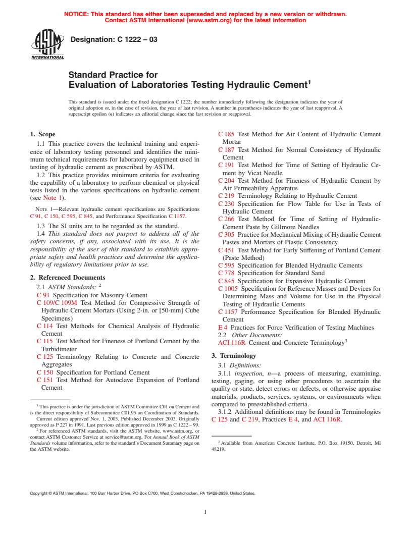 ASTM C1222-03 - Standard Practice for Evaluation of Laboratories Testing Hydraulic Cement