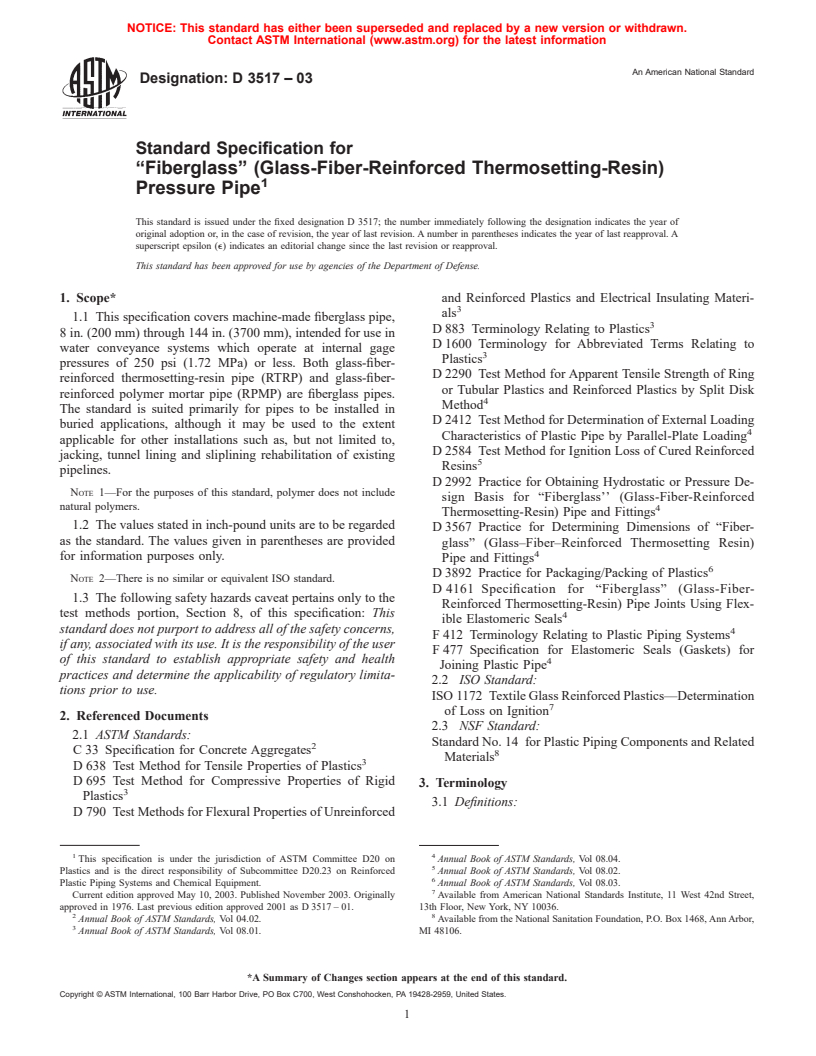 ASTM D3517-03 - Standard Specification for "Fiberglass" (Glass-Fiber-Reinforced Thermosetting-Resin) Pressure Pipe