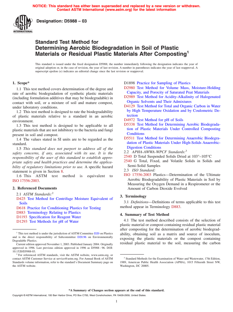 ASTM D5988-03 - Standard Test Method for Determining Aerobic Biodegradation in Soil of Plastic Materials or Residual Plastic Materials After Composting