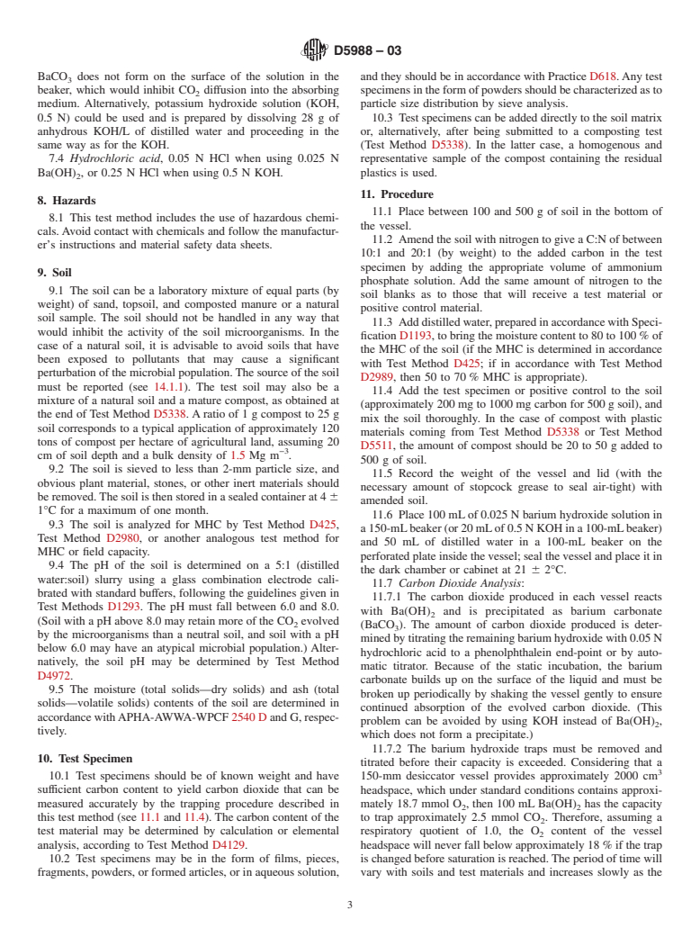 ASTM D5988-03 - Standard Test Method for Determining Aerobic Biodegradation in Soil of Plastic Materials or Residual Plastic Materials After Composting