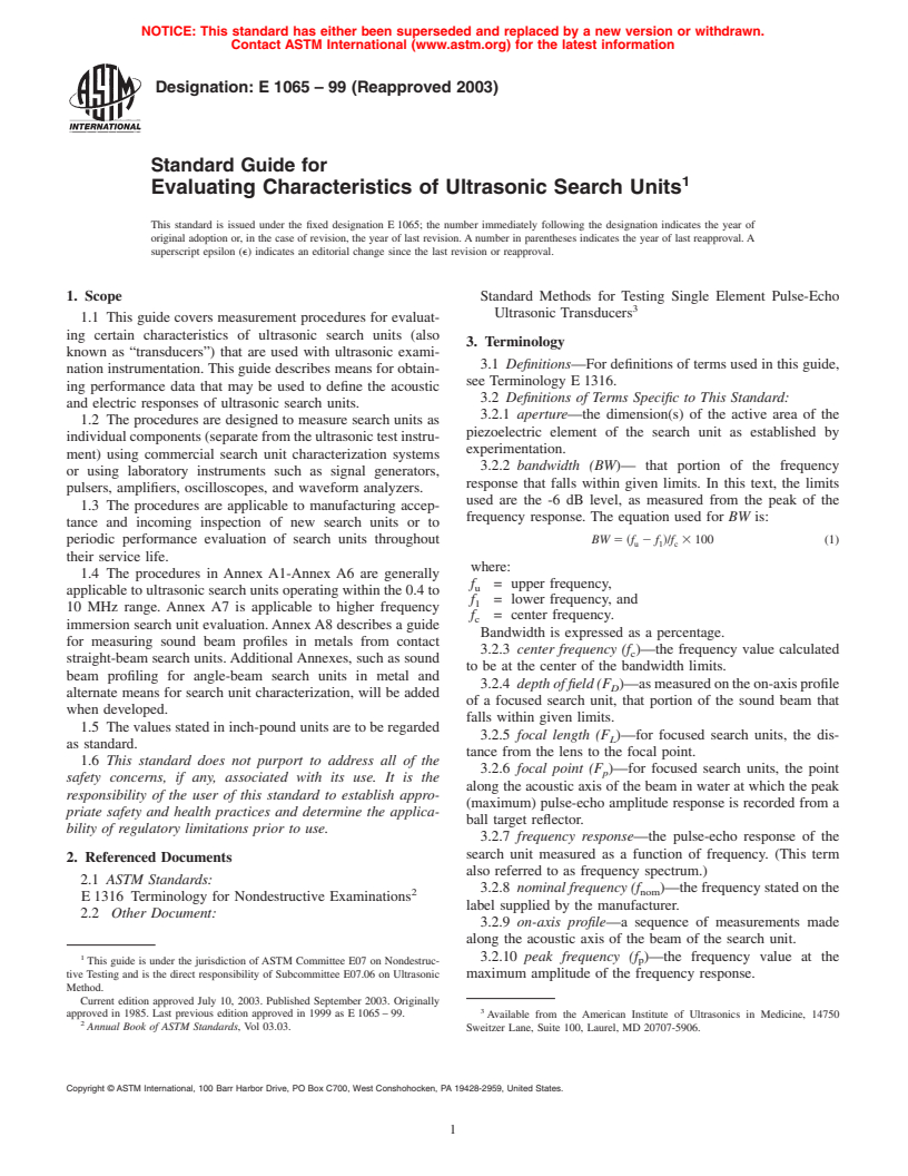 ASTM E1065-99(2003) - Standard Guide for Evaluating Characteristics of Ultrasonic Search Units