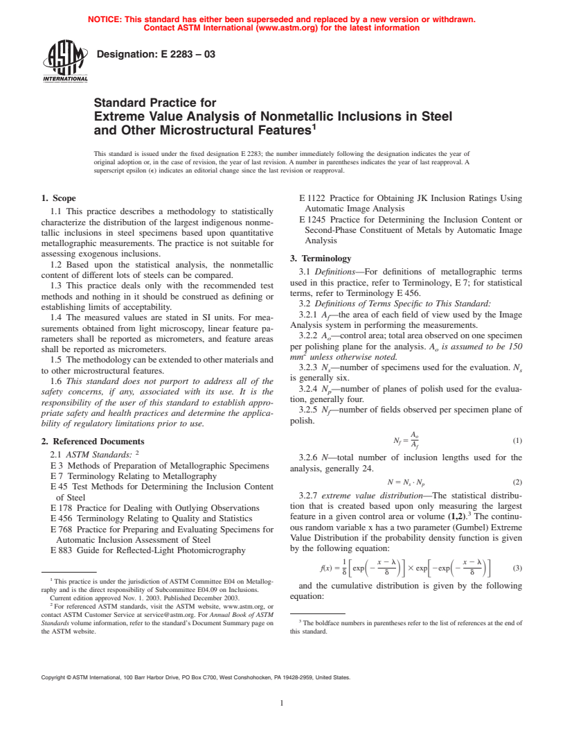 ASTM E2283-03 - Standard Practice for Extreme Value Analysis of Nonmetallic Inclusions in Steel and Other Microstructural Features