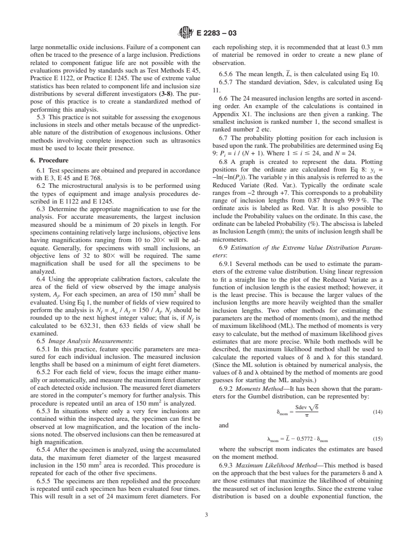 ASTM E2283-03 - Standard Practice for Extreme Value Analysis of Nonmetallic Inclusions in Steel and Other Microstructural Features