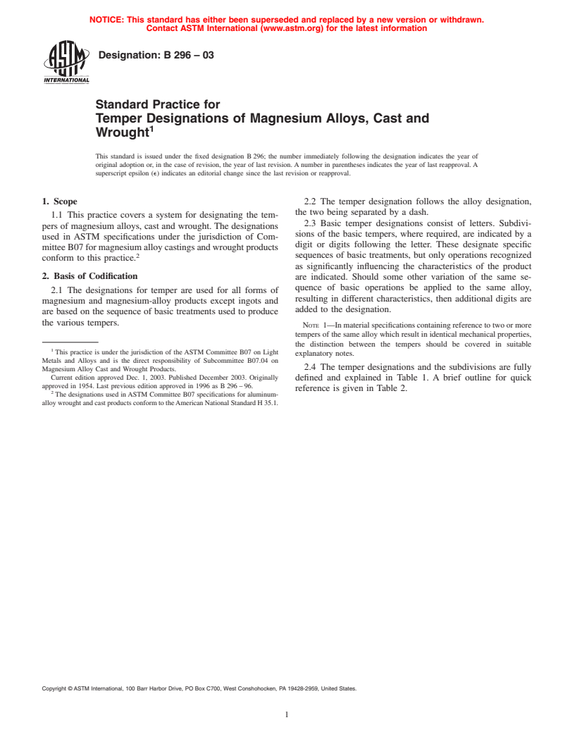 ASTM B296-03 - Standard Practice for Temper Designations of Magnesium Alloys, Cast and Wrought