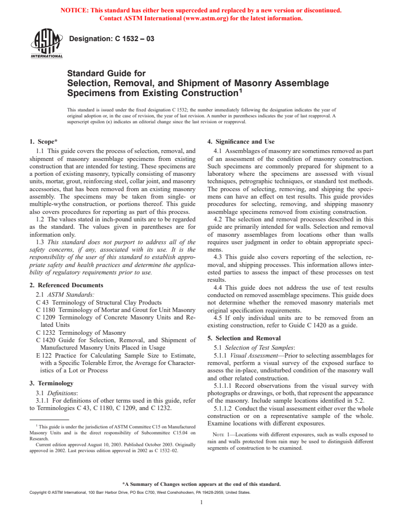 ASTM C1532-03 - Standard Guide for Selection, Removal, and Shipment of Masonry Assemblage Specimens from Existing Construction