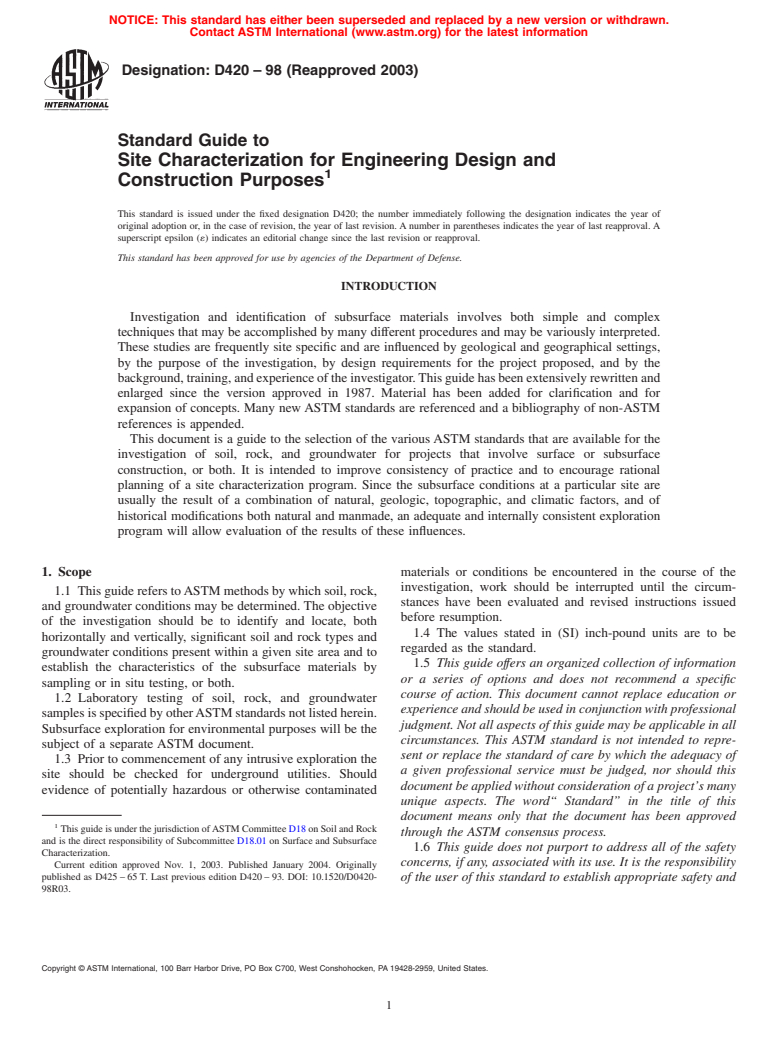 ASTM D420-98(2003) - Standard Guide to  Site Characterization for Engineering Design and Construction Purposes (Withdrawn 2012)