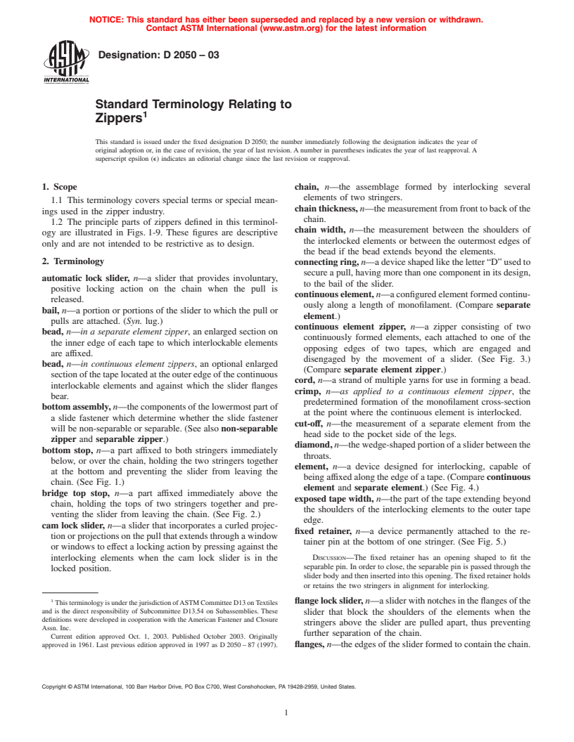 ASTM D2050-03 - Standard Terminology Relating to Zippers