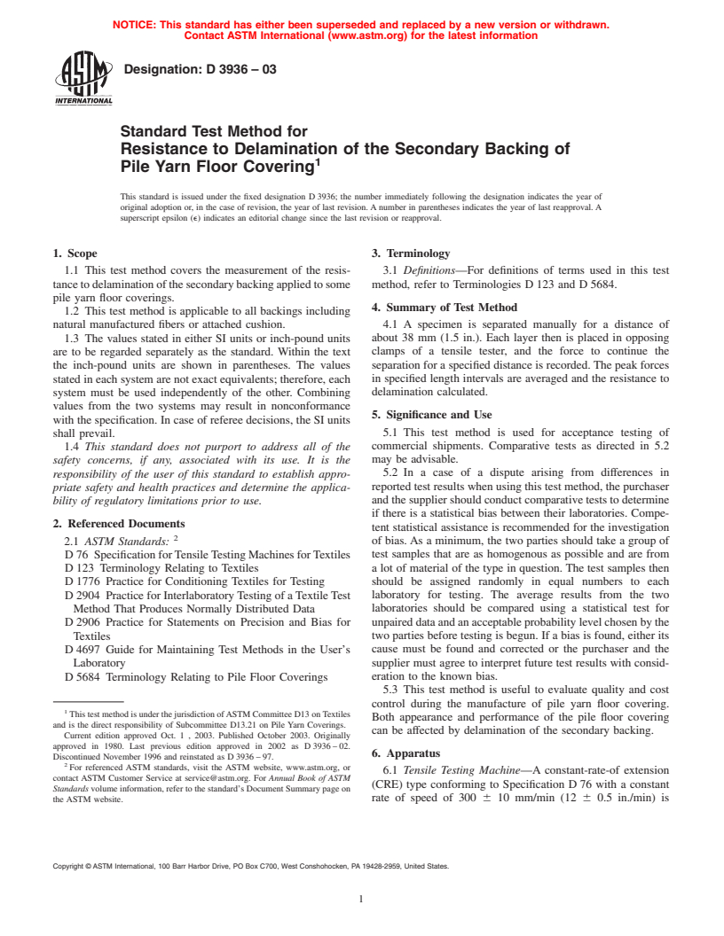 ASTM D3936-03 - Standard Test Method for Resistance to Delamination of the Secondary Backing of Pile Yarn Floor Covering