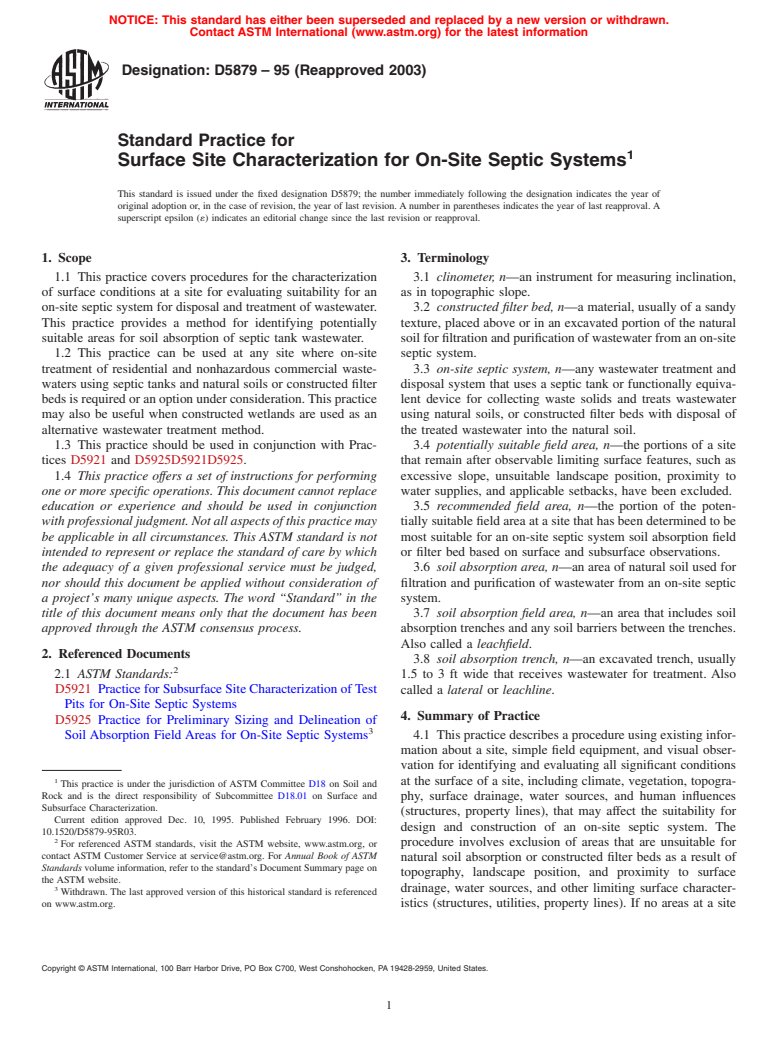 ASTM D5879-95(2003) - Standard Practice for Surface Site Characterization for On-Site Septic Systems