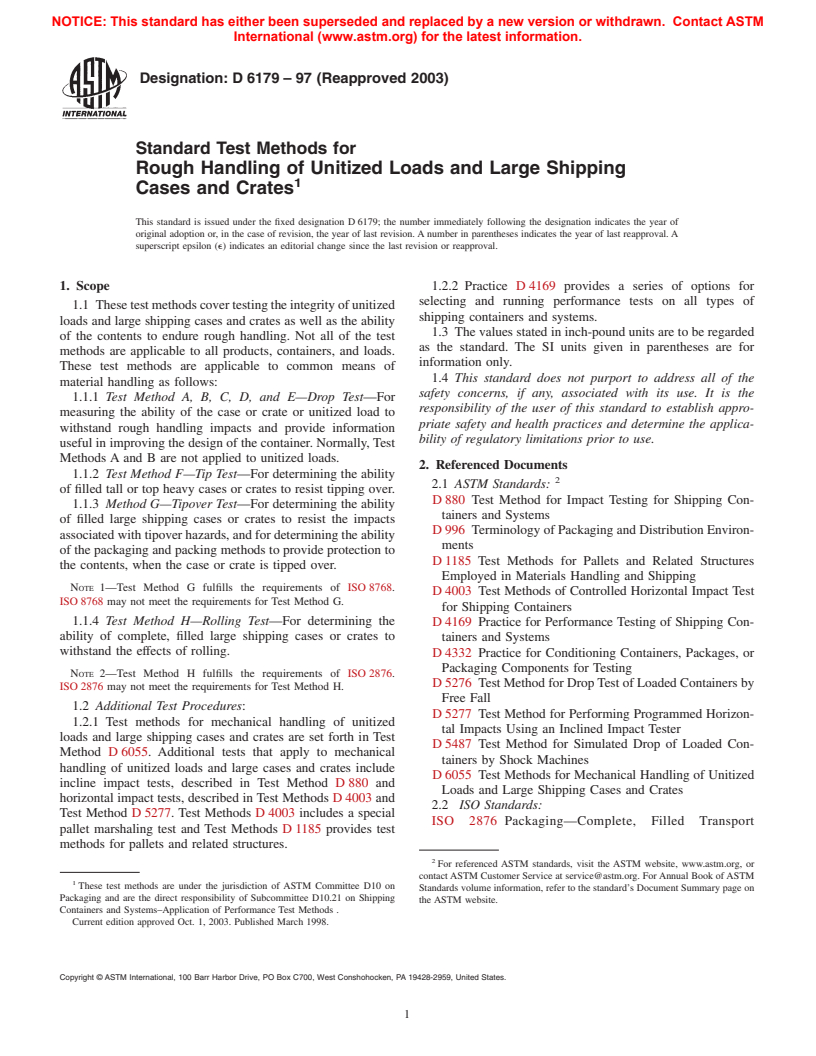 ASTM D6179-97(2003) - Standard Test Methods for Rough Handling of Unitized Loads and Large Shipping Cases and Crates