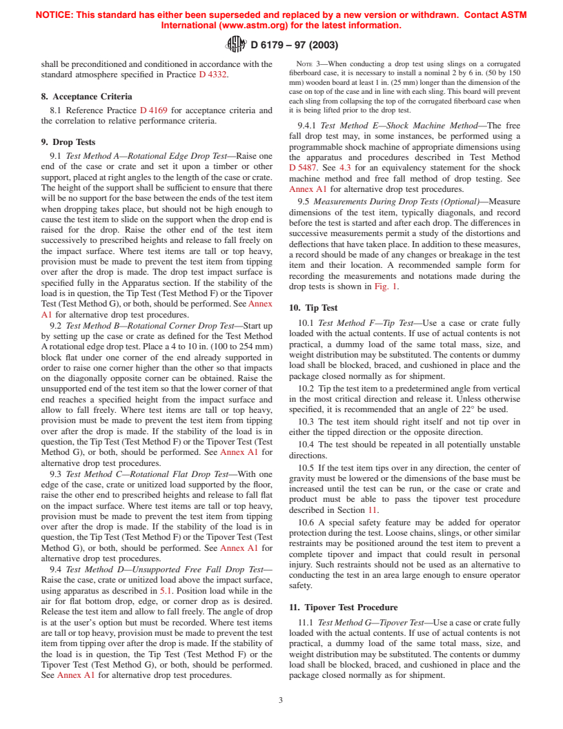 ASTM D6179-97(2003) - Standard Test Methods for Rough Handling of Unitized Loads and Large Shipping Cases and Crates