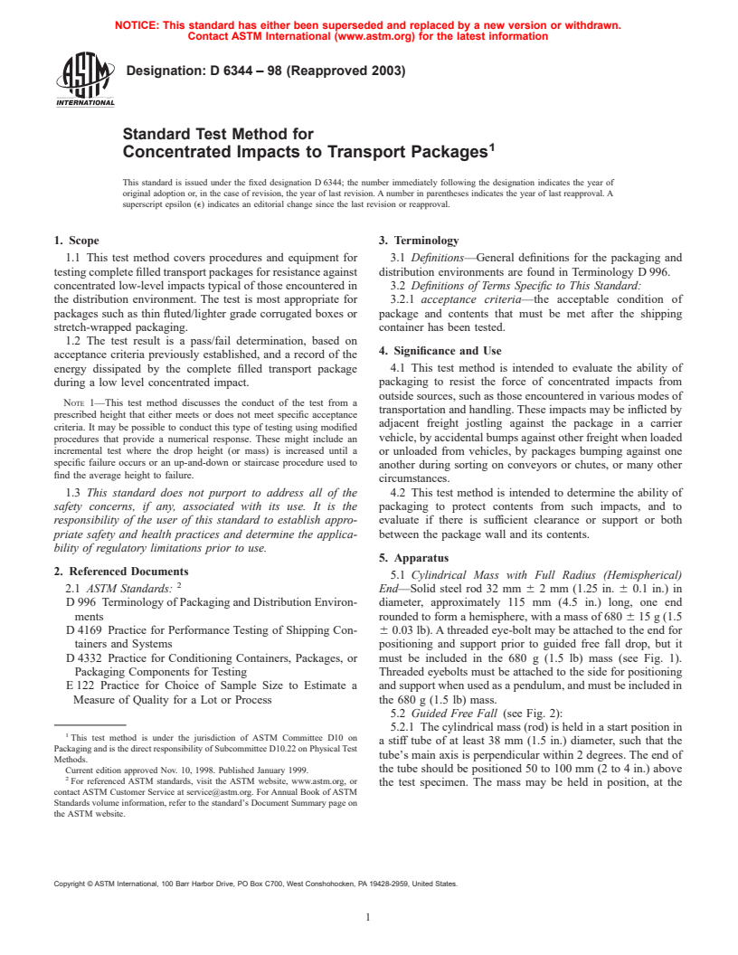 ASTM D6344-98(2003) - Standard Test Method for Concentrated Impacts to Transport Packages