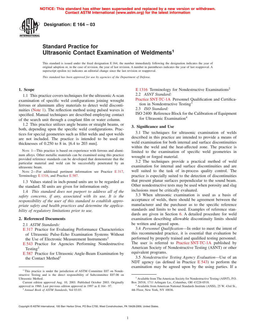 ASTM E164-03 - Standard Practice for Ultrasonic Contact Examination of Weldment