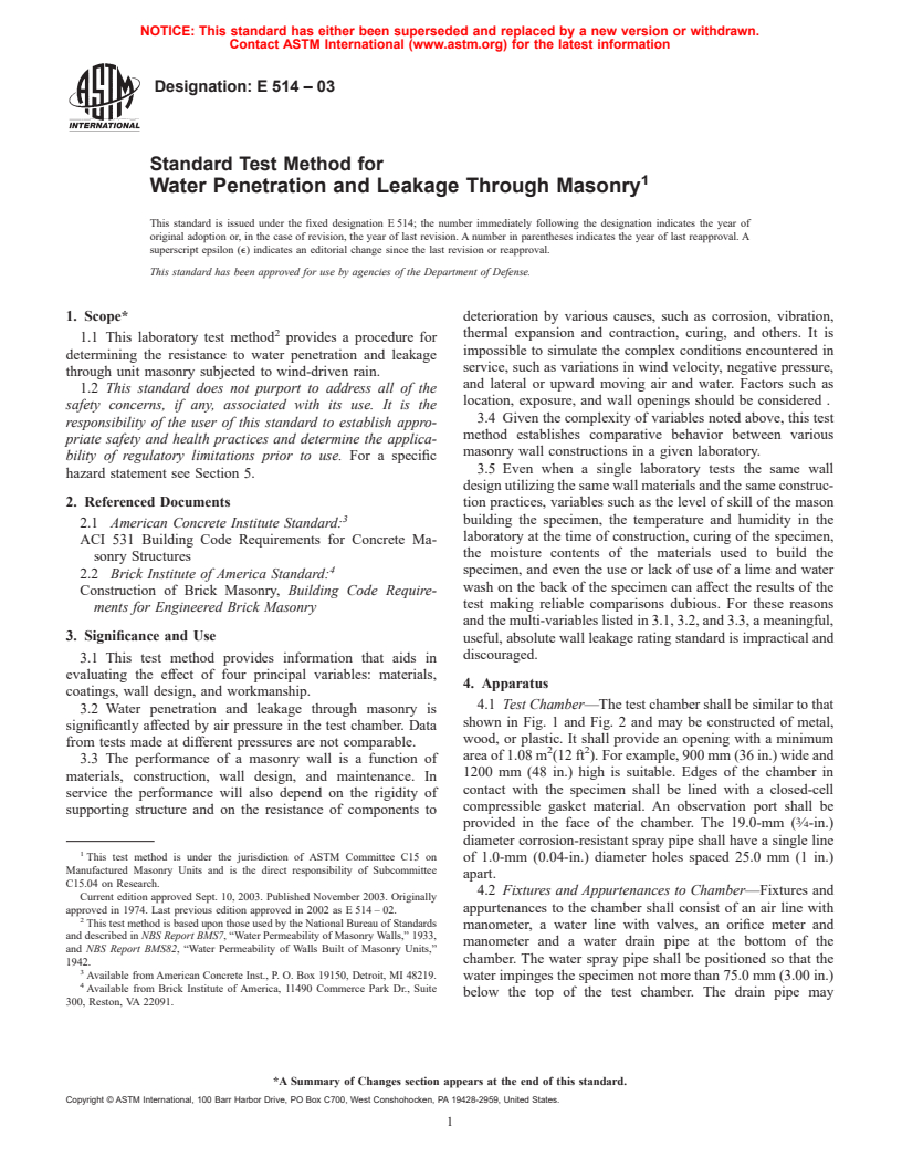 ASTM E514-03 - Standard Test Method for Water Penetration and Leakage Through Masonry