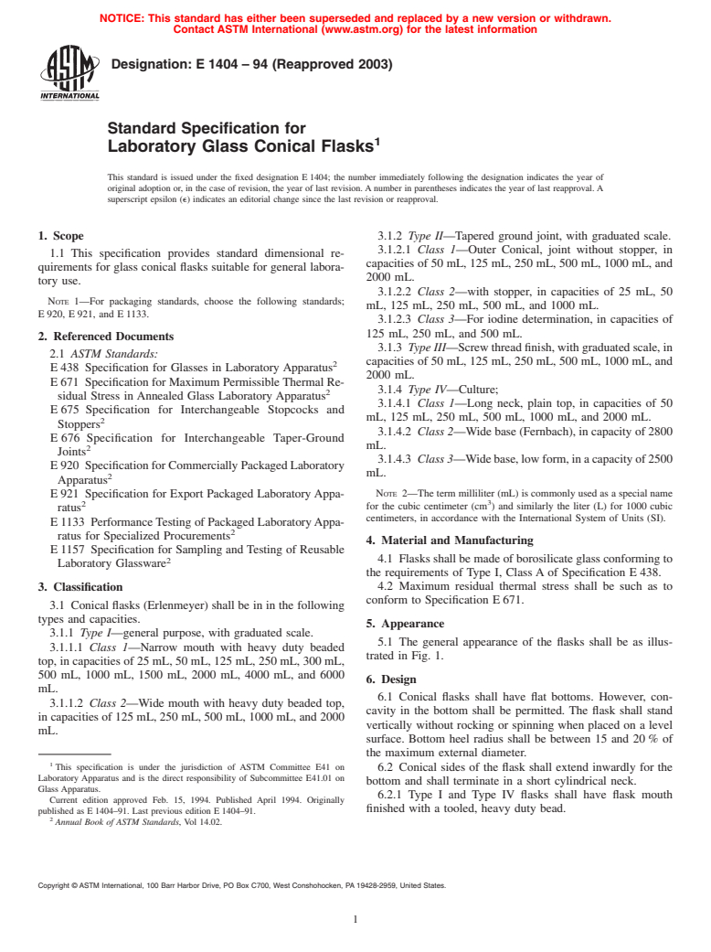 ASTM E1404-94(2003) - Standard Specification for Laboratory Glass Conical Flasks