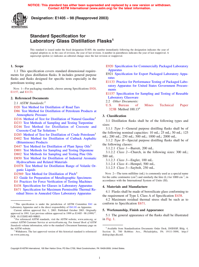 ASTM E1405-98(2003) - Standard Specification for Laboratory Glass Distillation Flasks