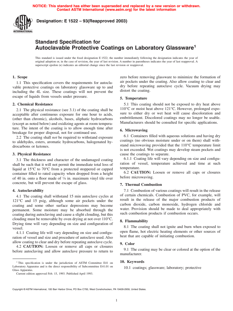 ASTM E1522-93(2003) - Standard Specification for Autoclavable Protective Coatings on Laboratory Glassware