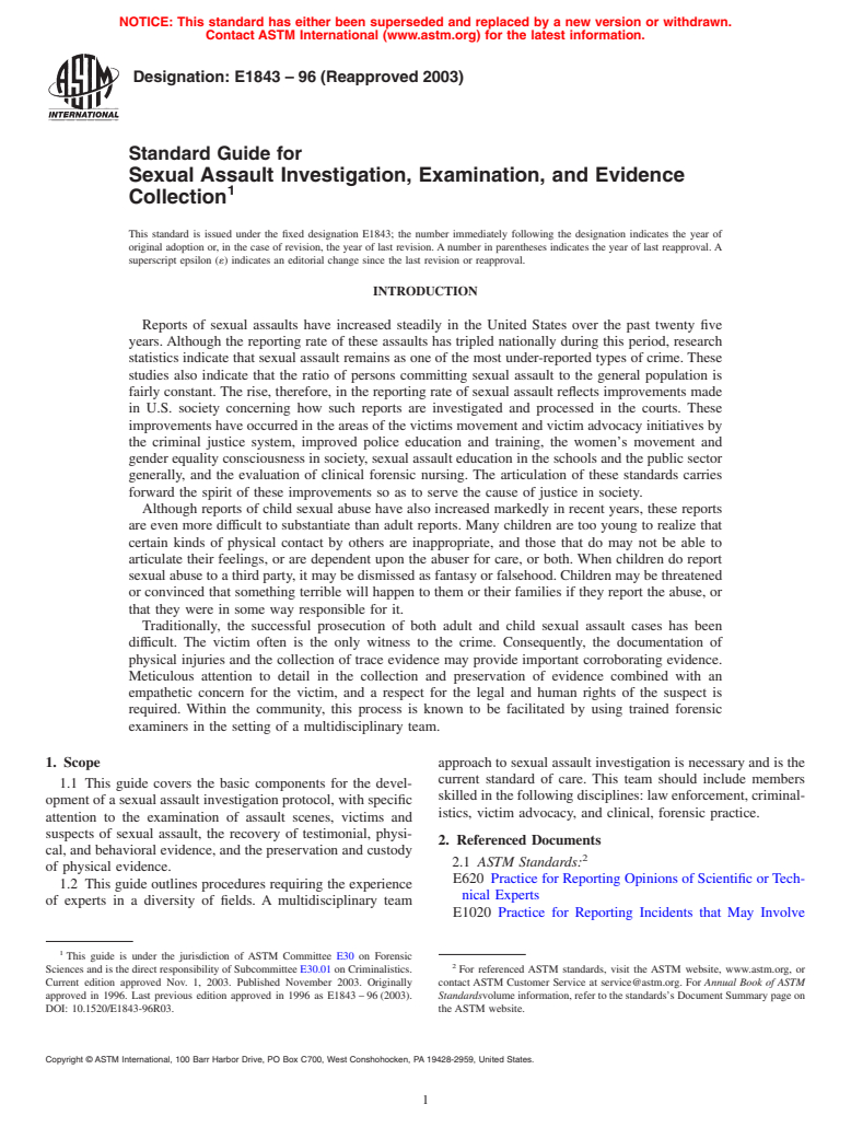 ASTM E1843-96(2003) - Standard Guide for Sexual Assault Investigation, Examination, and Evidence Collection