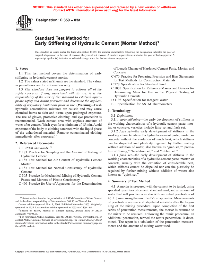 ASTM C359-03a - Standard Test Method for Early Stiffening of Hydraulic Cement (Mortar Method)