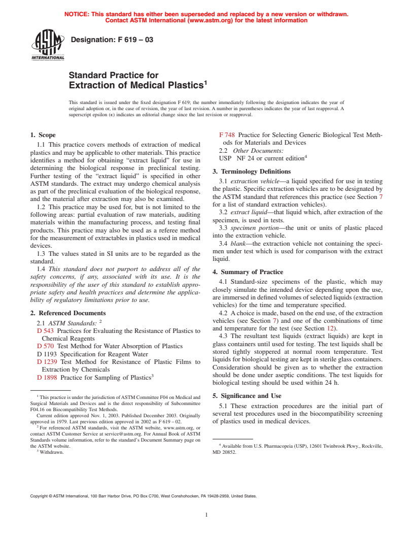 ASTM F619-03 - Standard Practice for Extraction of Medical Plastics