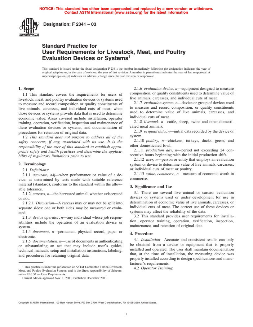 ASTM F2341-03 - Standard Practice for User Requirements for Livestock, Meat, and Poultry Evaluation Devices or Systems