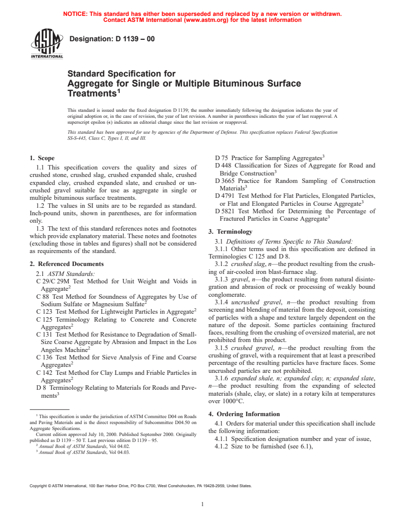 ASTM D1139-00 - Standard Specification for Aggregate for Single or Multiple Bituminous Surface Treatments