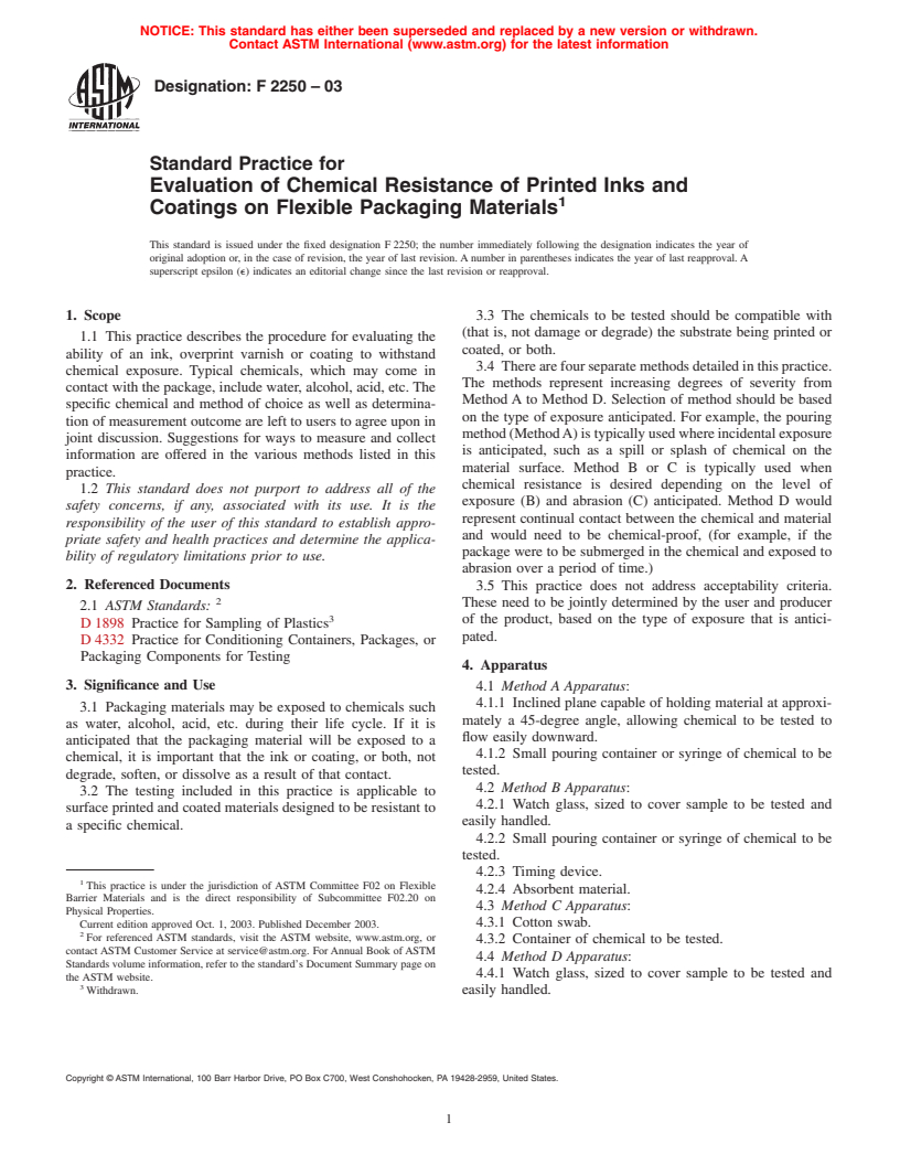 ASTM F2250-03 - Standard Practice for Evaluation of Chemical Resistance of Printed Inks and Coatings on Flexible Packaging Materials