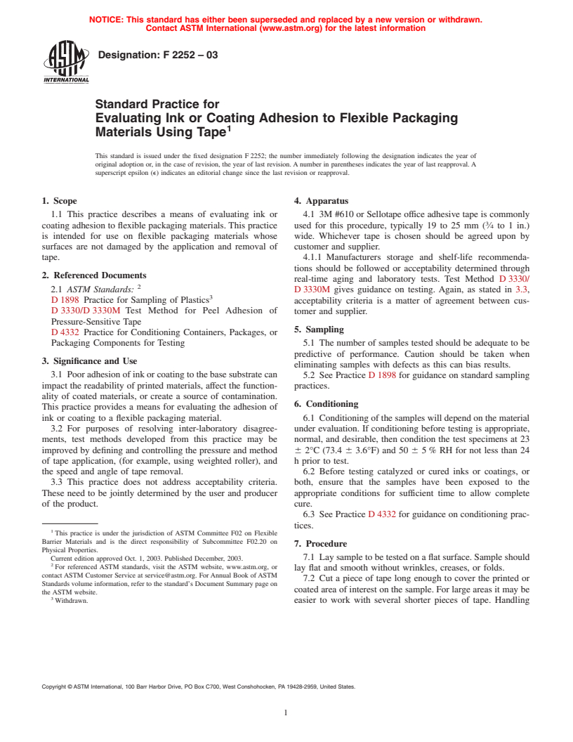 ASTM F2252-03 - Standard Practice for Evaluating Ink or Coating Adhesion to Flexible Packaging Materials Using Tape