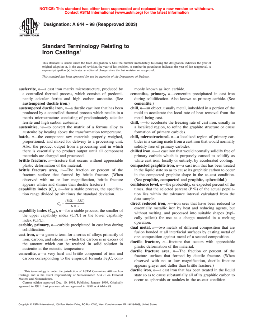 ASTM A644-98(2003) - Standard Terminology Relating to Iron Castings