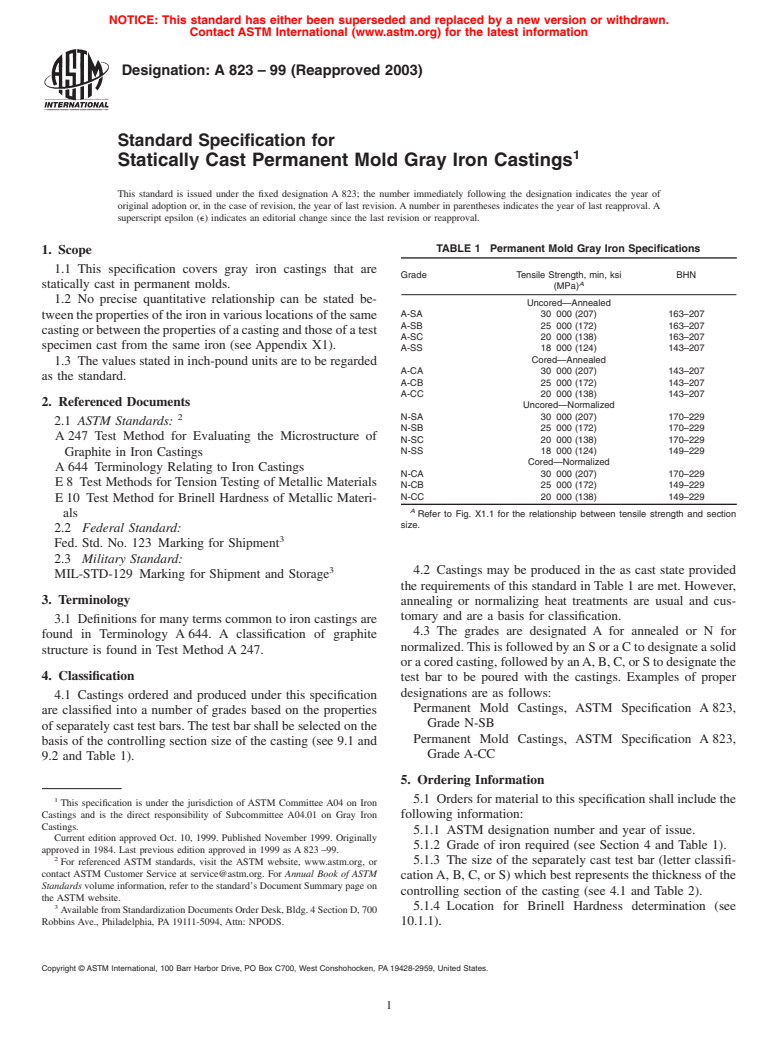 ASTM A823-99(2003) - Standard Specification for Statically Cast Permanent Mold Gray Iron Castings