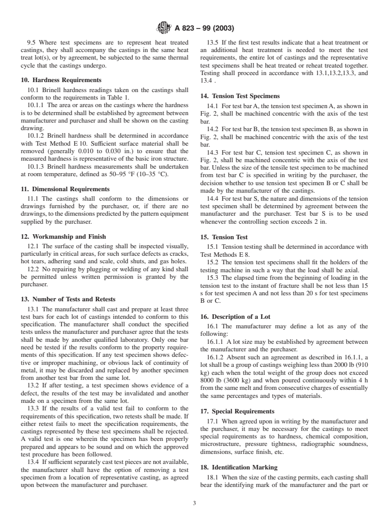 ASTM A823-99(2003) - Standard Specification for Statically Cast Permanent Mold Gray Iron Castings