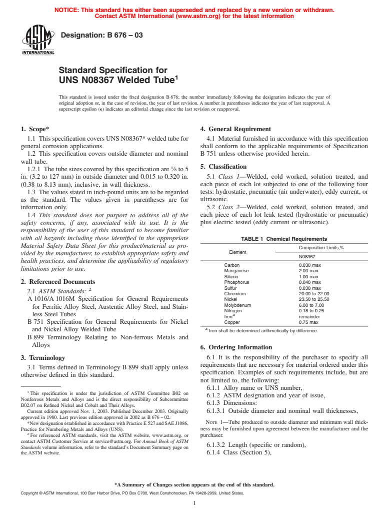 ASTM B676-03 - Standard Specification for UNS N08367 Welded Tube