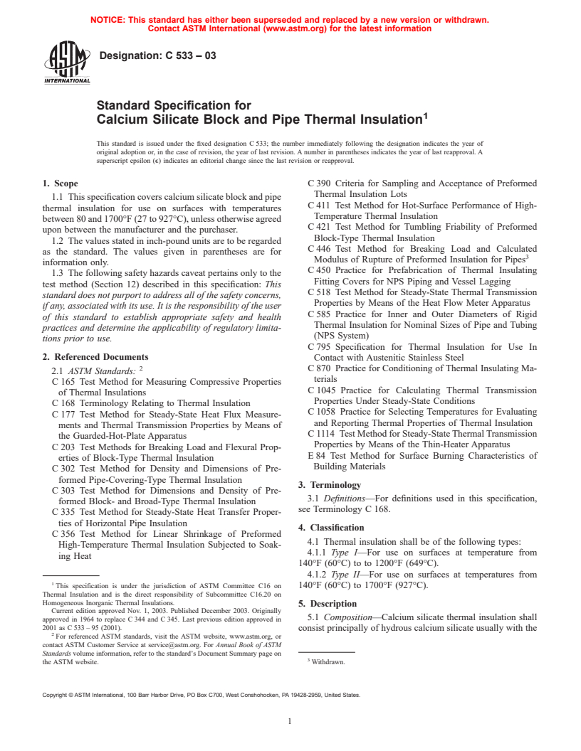 ASTM C533-03 - Standard Specification for Calcium Silicate Block and Pipe Thermal Insulation