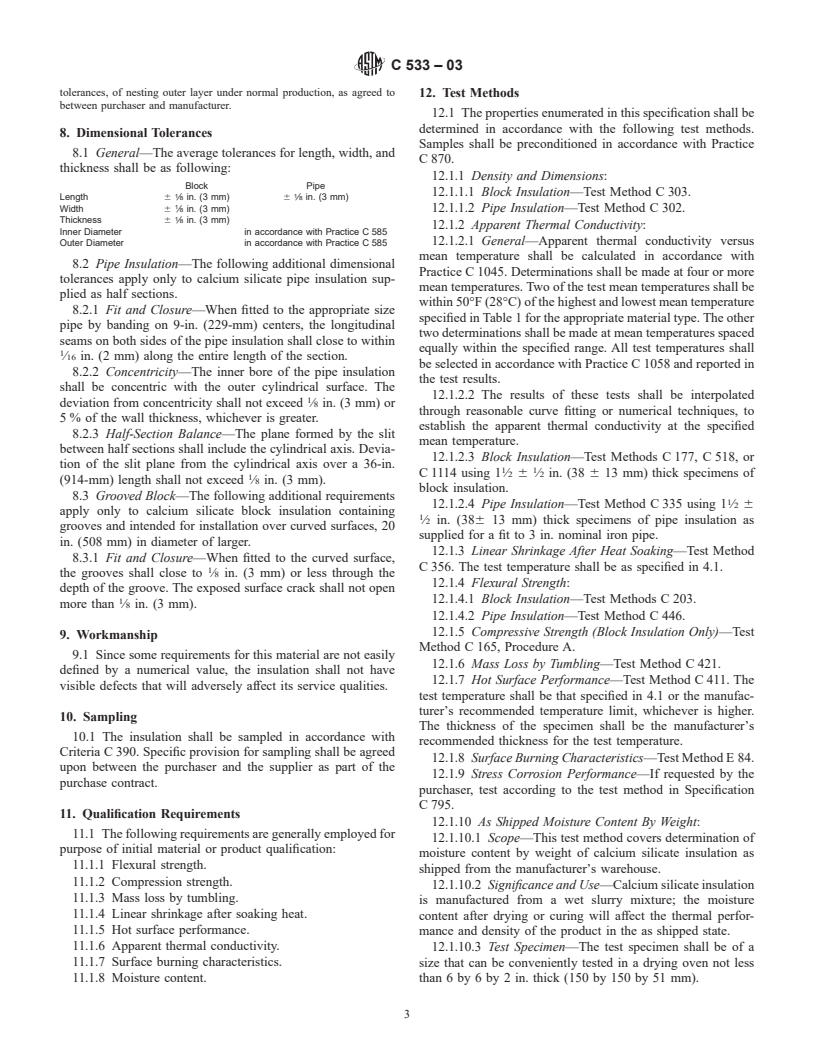 ASTM C533-03 - Standard Specification for Calcium Silicate Block and Pipe Thermal Insulation