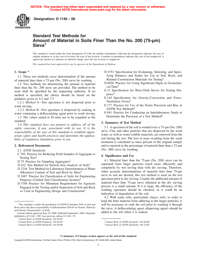 ASTM D1140-00 - Standard Test Methods for Amount of Material in Soils Finer Than the No. 200 (75-um) Sieve