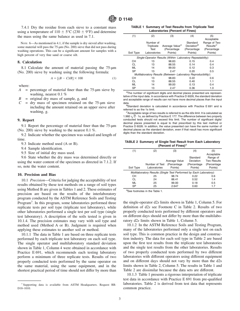 ASTM D1140-00 - Standard Test Methods for Amount of Material in Soils Finer Than the No. 200 (75-um) Sieve