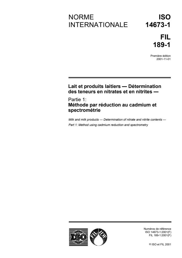 ISO 14673-1:2001 - Lait et produits laitiers -- Détermination des teneurs en nitrates et en nitrites