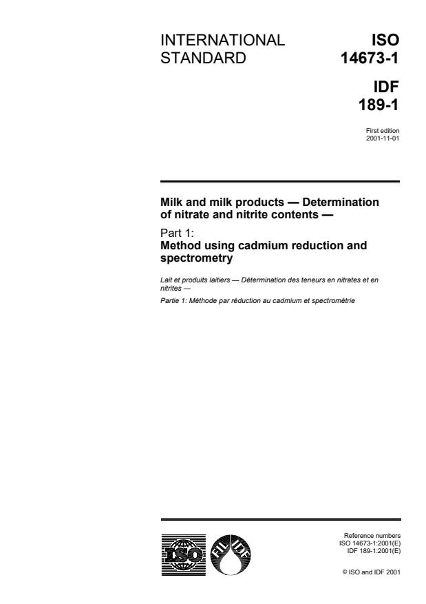 ISO 14673-1:2001 - Milk and milk products -- Determination of nitrate and nitrite contents