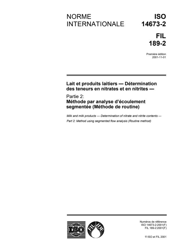 ISO 14673-2:2001 - Lait et produits laitiers -- Détermination des teneurs en nitrates et en nitrites