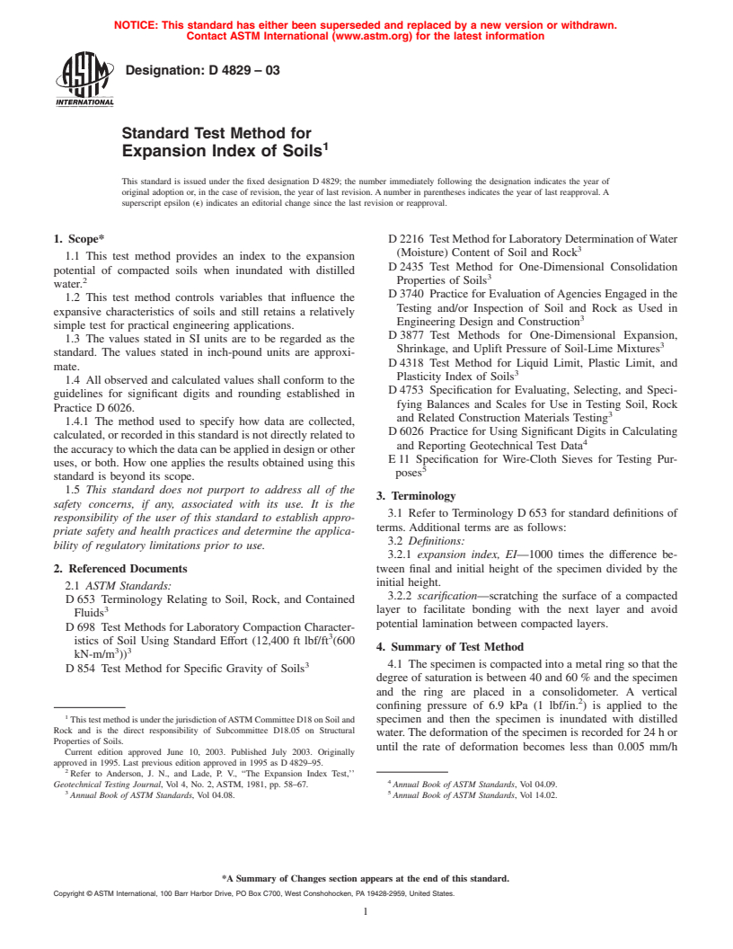 ASTM D4829-03 - Standard Test Method for Expansion Index of Soils