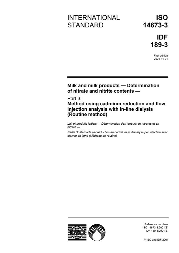 ISO 14673-3:2001 - Milk and milk products -- Determination of nitrate and nitrite contents