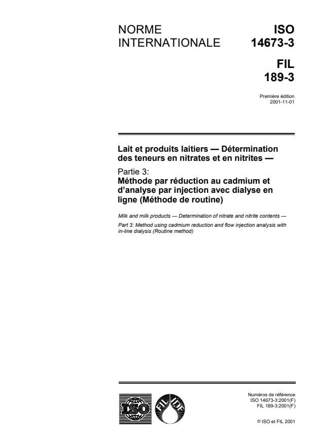 ISO 14673-3:2001 - Lait et produits laitiers -- Détermination des teneurs en nitrates et en nitrites
