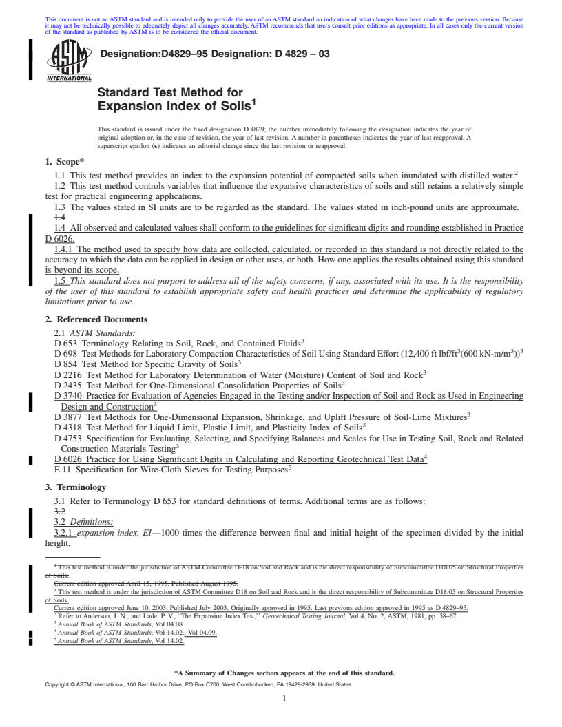 REDLINE ASTM D4829-03 - Standard Test Method for Expansion Index of Soils