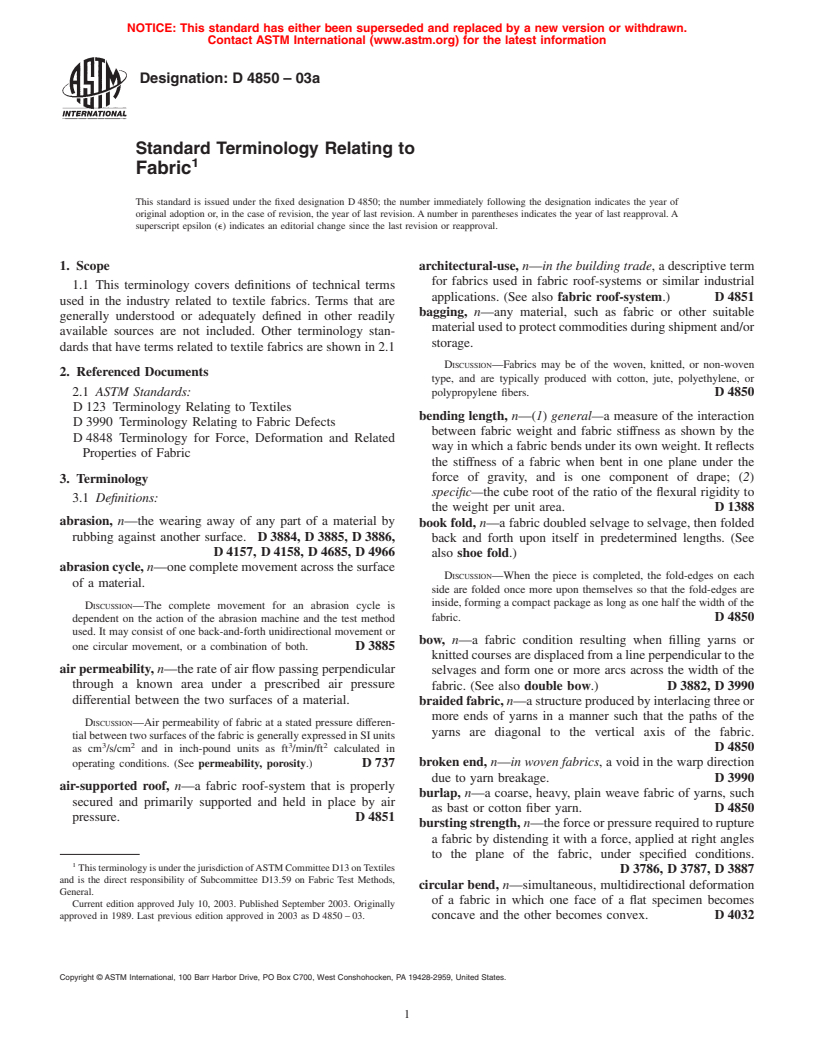 ASTM D4850-03a - Standard Terminology Relating to Fabric