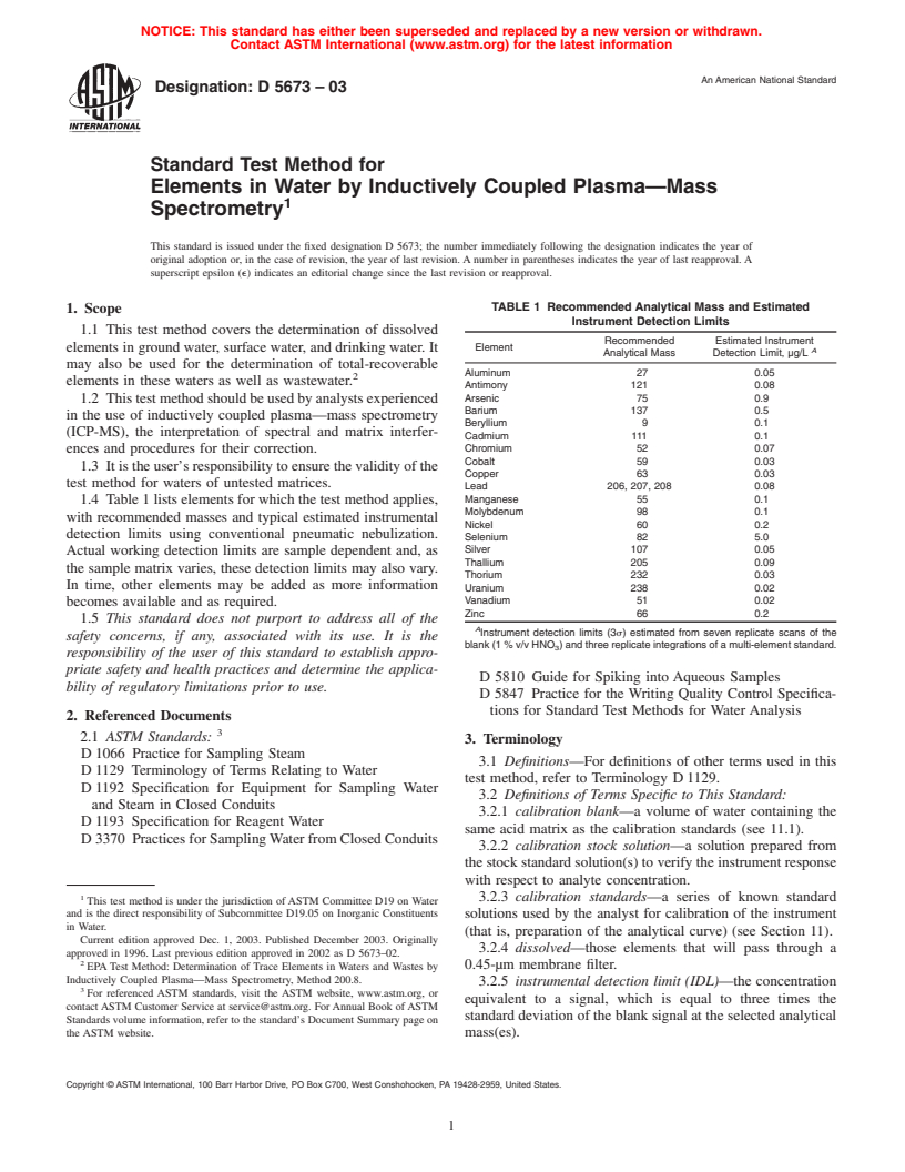 ASTM D5673-03 - Standard Test Method for Elements in Water by Inductively Coupled Plasma&#8212;Mass Spectrometry
