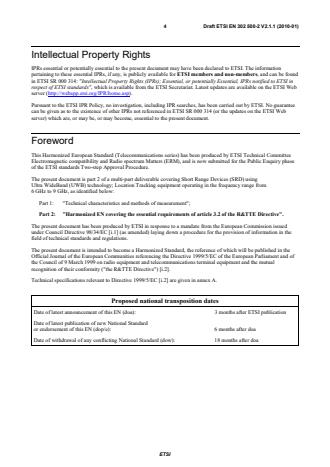 SIST EN 302 500-2 V2.1.1:2010 ETSI EN 302 500-2 V2.1.1 (2010-01) - Electromagnetic compatibility and Radio spectrum Matters (ERM); Short Range Devices (SRD) using Ultra WideBand (UWB) technology; Location Tracking equipment operating in the frequency range from 6 GHz to 9 GHz; Part 2: Harmonized EN covering the essential requirements of article 3.2 of the R&TTE Directive - Page 4 preview