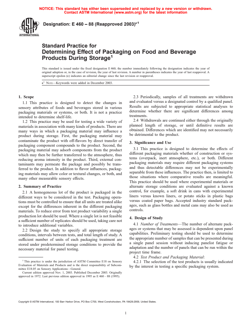 ASTM E460-88(2003)e1 - Standard Practice for Determining Effect of Packaging on Food and Beverage Products During Storage