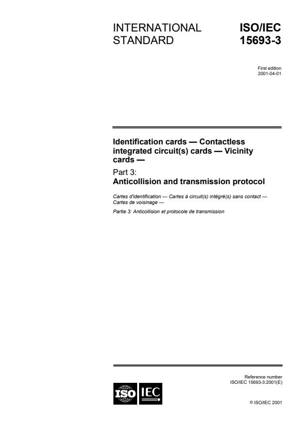 ISO/IEC 15693-3:2001 - Identification cards - Contactless integrated circuit(s) cards - Vicinity cards